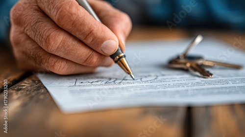 Person signing a contract with keys nearby, finalized real estate deal or property agreement, ownership, investment, and professional documentation in real estate transactions