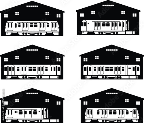 Train car depot illustration, black and white, silhouette style, railway shed, locomotive design, transport infrastructure, industrial architecture, train model comparison, urban rail