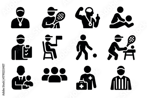Black silhouette icons of sports, health, and professional activities