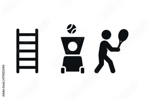 Silhouette icons: ladder, tennis ball machine, tennis player