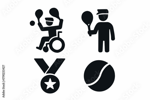 Inclusive tennis icons: wheelchair player, medal, and ball silhouettes