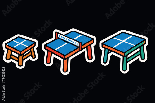 Colorful isometric ping pong tables on black background for sports design