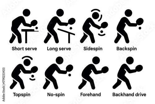 Table tennis basics: essential techniques in simplified silhouette icons