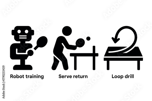 Table tennis training icons: robot practice, serve technique, spin control