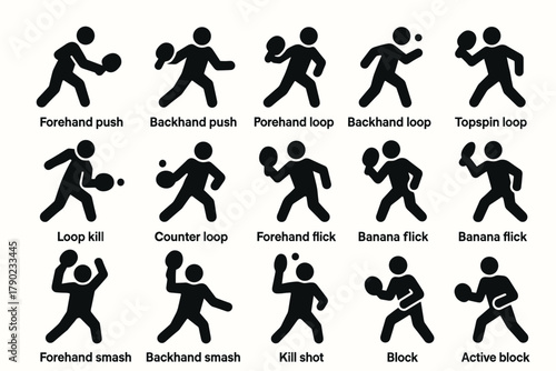 Table tennis techniques: silhouette guide of various player movements