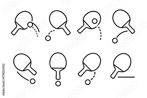 Simple outline ping pong paddles and balls in different positions