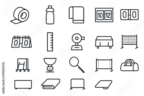 Linear sports equipment icons: tape, water bottle, timer, and more