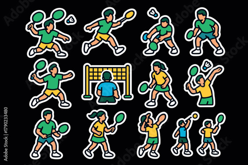 Dynamic cartoon style tennis and badminton players in action