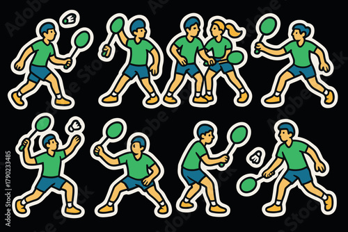 Energetic tennis enthusiasts with rackets in dynamic cartoon style on black background