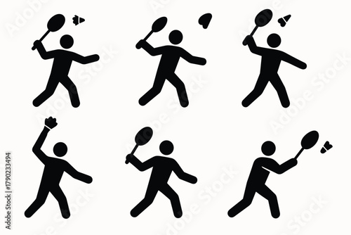 Silhouette icons of badminton players hitting shuttlecock in dynamic poses