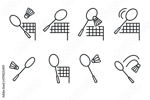 Linear badminton racket and shuttlecock icons set for sports fans