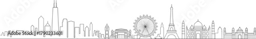 World famous landmarks skyline, global cityscape line art, international monuments vector, minimal travel architecture illustration, modern continuous line 