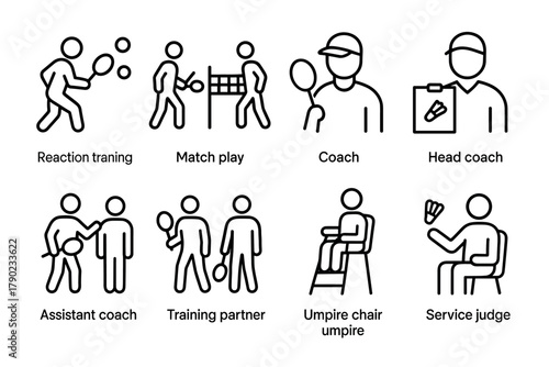 Linear tennis and badminton training icons set with coaches and judges