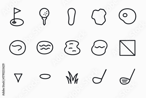 Minimalist golf icons set featuring course elements and equipment