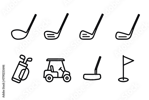 Golf equipment icon set: clubs, cart, bag, and flag outline design