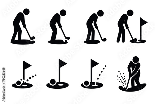 Silhouette icons of golf players: simple black and white designs