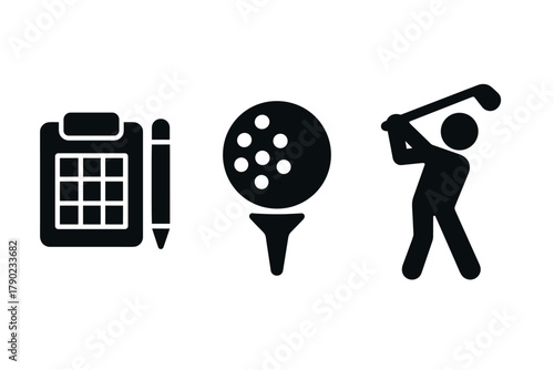Golf planning icon set: checklist, golf ball, swinging golfer silhouettes