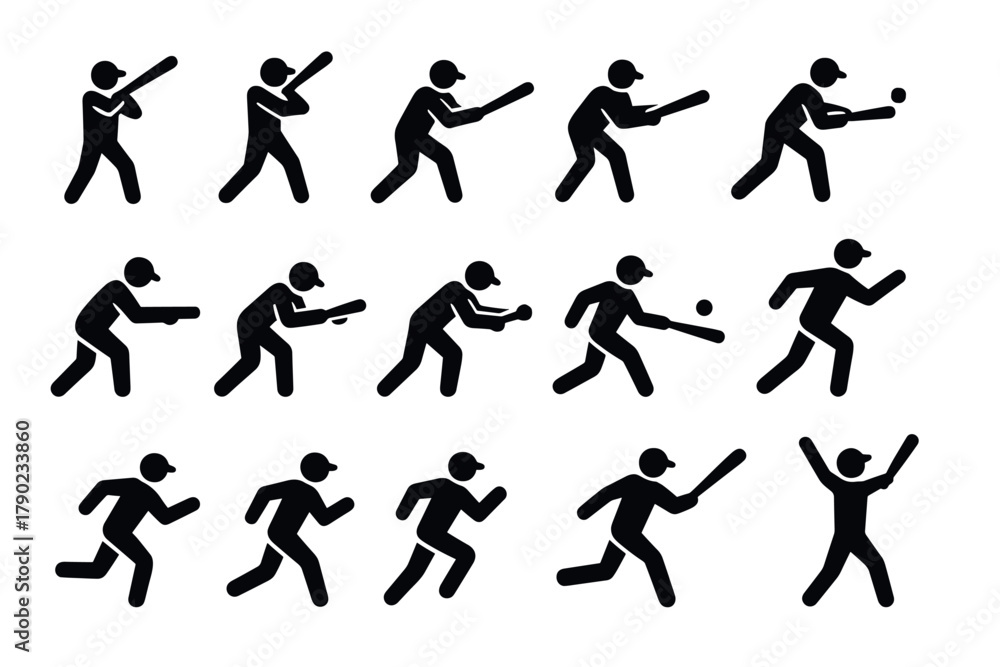 Obraz premium Dynamic baseball player silhouettes in action poses for sports design