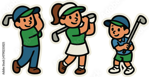 Retro cartoon style golf characters in action with bold outlines