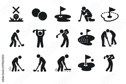 Golf silhouette icons set featuring players and equipment for sports design