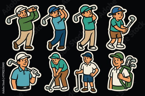 Charming cartoon golfers displaying various poses and sporting outfits on a black background