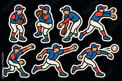 Retro baseball player stickers: classic movements and poses