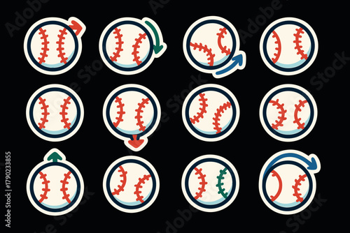 Baseball sticker set featuring rotating balls with arrows in retro style