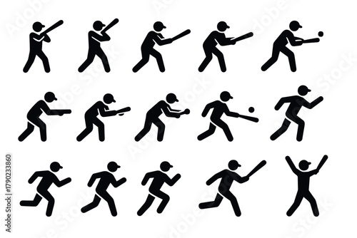 Dynamic baseball player silhouettes in action poses for sports design