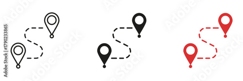 Map Route with Anchored Pin Markers Line and Solid Icon Set. Geolocation Destination with Pointed Tracker Symbol Collection. Isolated Vector Illustration