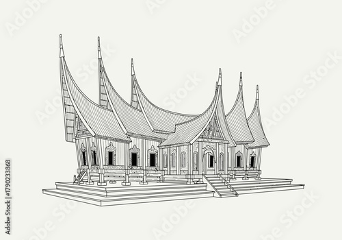 Intricate Line Art of a Traditional Minangkabau House with Horn-Shaped Roofs