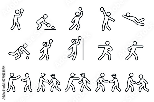 Stick figure sports icons collection featuring various recreational activities in simple black linear style