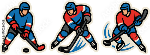 Dynamic ice hockey players in action with vintage style and bold colors