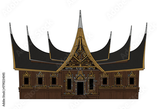 Traditional Indonesian Rumah Gadang House Illustration with Unique Roof Design