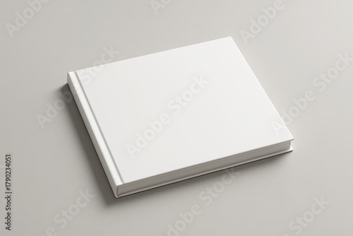 Minimalist blank white landscape hardcover book mockup lying on light gray surface, showcasing clean design for branding or publishing projects. Ai generative