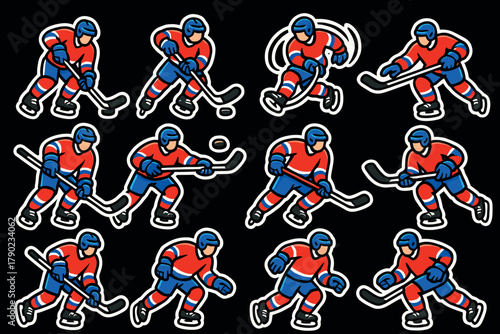 Ice hockey players in dynamic cartoon style poses on black background