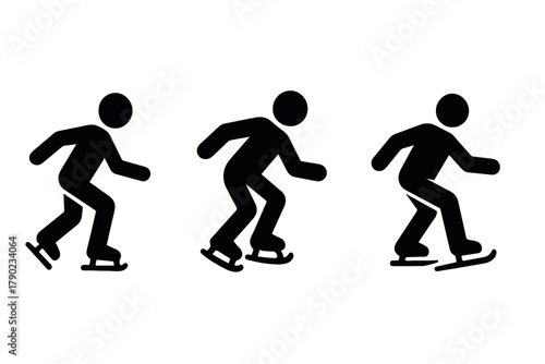 Silhouette of three ice skaters in motion on white background