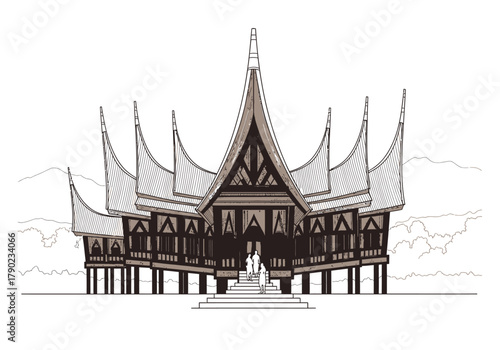 Traditional Indonesian Rumah Gadang House Illustration with Unique Roof Design