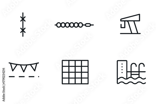 Minimalistic linear icons of various objects including party flags, beaded bracelet, and swimming pool