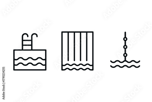 Minimalist line icons of pool, waterfall, and diving platform for recreational design