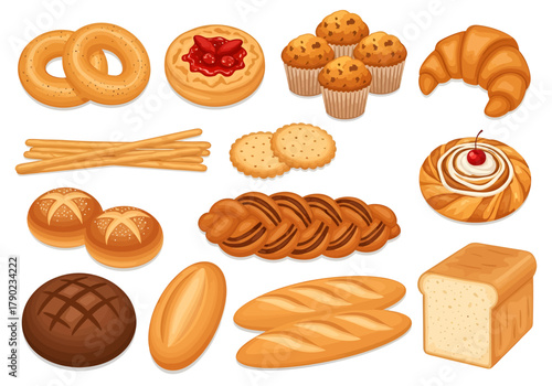 A vibrant vector set of assorted bakery products, featuring fresh bread loaves, sweet pastries, muffins, bagels, and crackers, all isolated on a white background