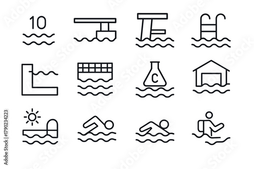 Minimalist linear icons of swimming pool elements and activities
