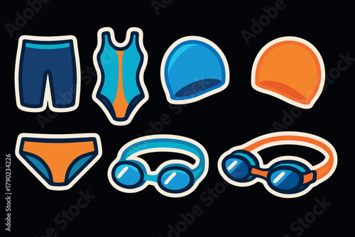 Colorful swimming gear stickers on black background for water sports and beach activities