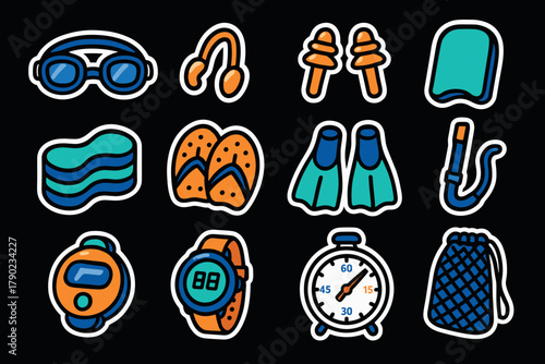 Colorful swimming gear stickers: goggles, flippers, snorkel, and more