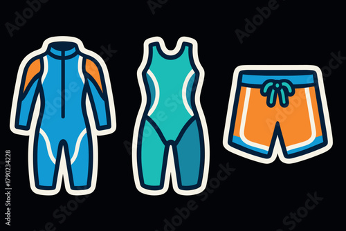 Colorful beachwear set featuring wetsuit, swimsuit, and swim shorts on black background