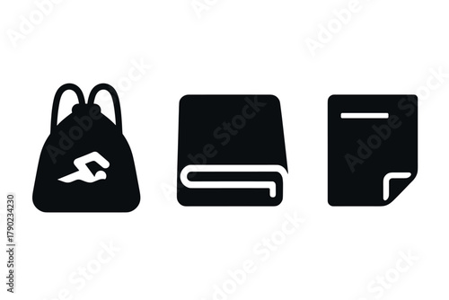 Silhouette icons of school bag, folded towel, and book in minimalist style