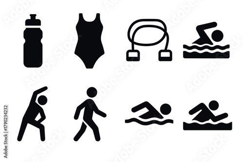 Simple fitness icons: swimming, walking, yoga, swimwear, jump rope, water bottle