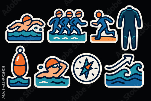 Triathlon icons set: swimming and running designs with modern sticker style elements