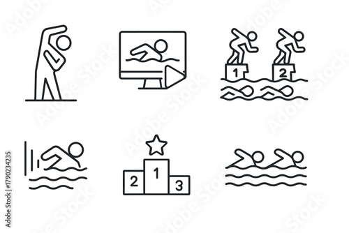 Minimalist outline icons depicting swimming competition and training activities