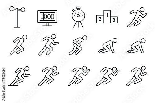 Linear icons of running, race equipment, and athletic movements for sports themes