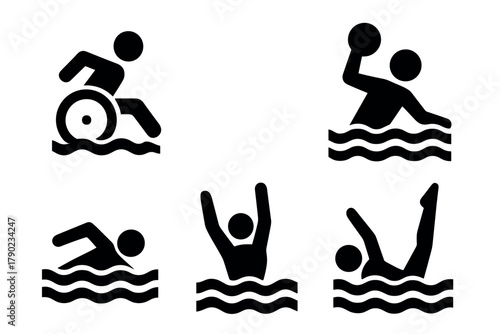 Accessible and inclusive water sports pictogram set in silhouette style